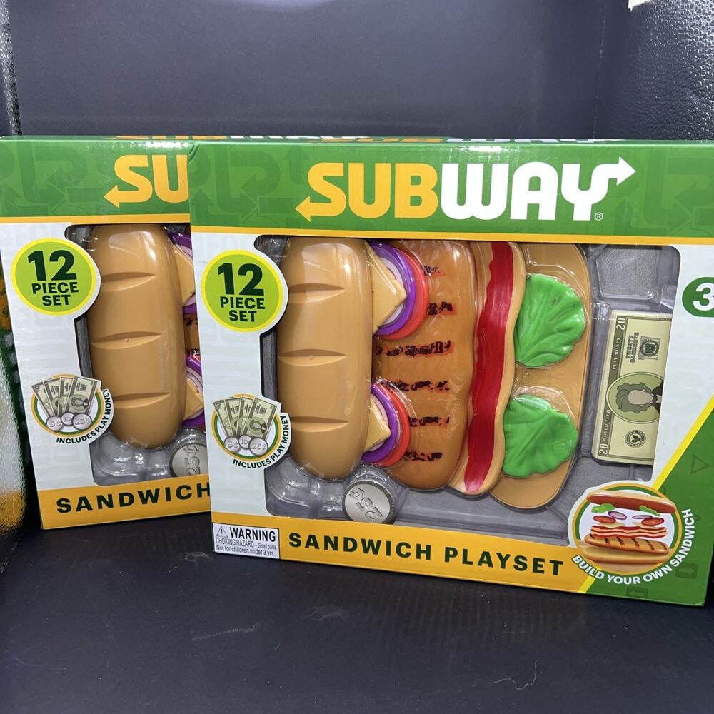 (2) SUBWAY Pretend Play Food Sandwich Maker Playset-12 Pieces+ Pretend Money